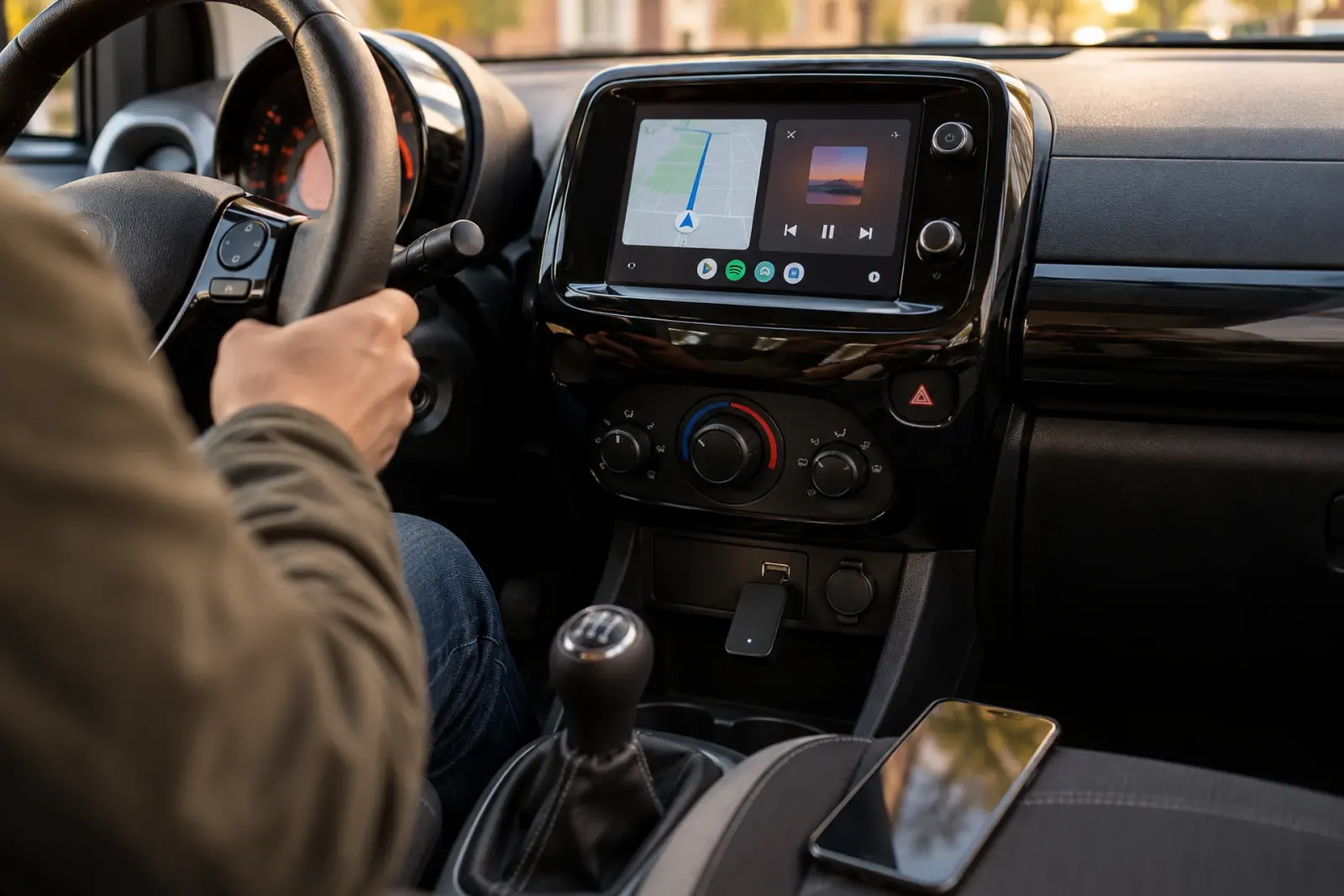 Draadloze Android Auto-adapter in de USB-poort van een compacte auto van een automobilist uit Delft, met navigatie op het scherm