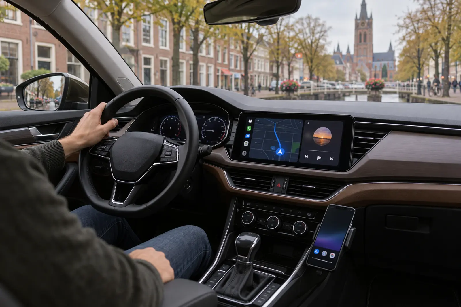 Android Auto bestellen in Delft: navigatie op een breed touchscreen, geparkeerd aan een gracht in de binnenstad