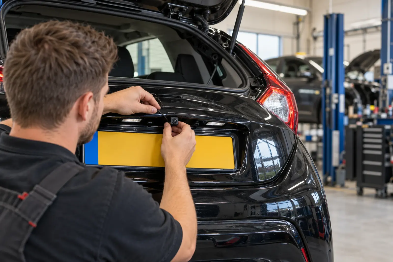 Monteur plaatst een achteruitrijcamera boven de kentekenplaat bij de inbouw van een Android Auto-radio voor een klant uit Delft