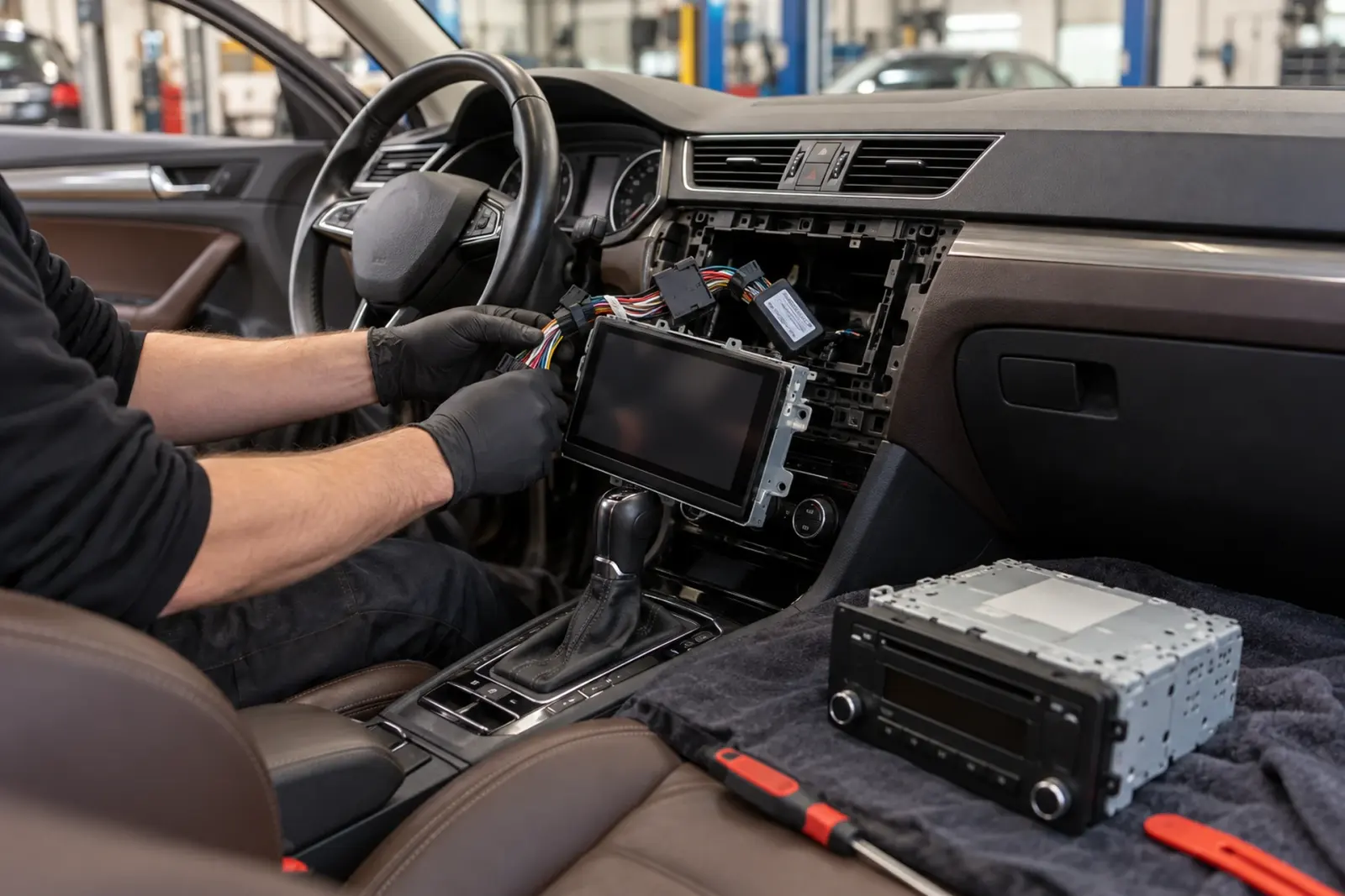 Android Auto radio inbouwen in Delft: de oude fabrieksradio ligt op de stoel terwijl de monteur het nieuwe touchscreen aansluit