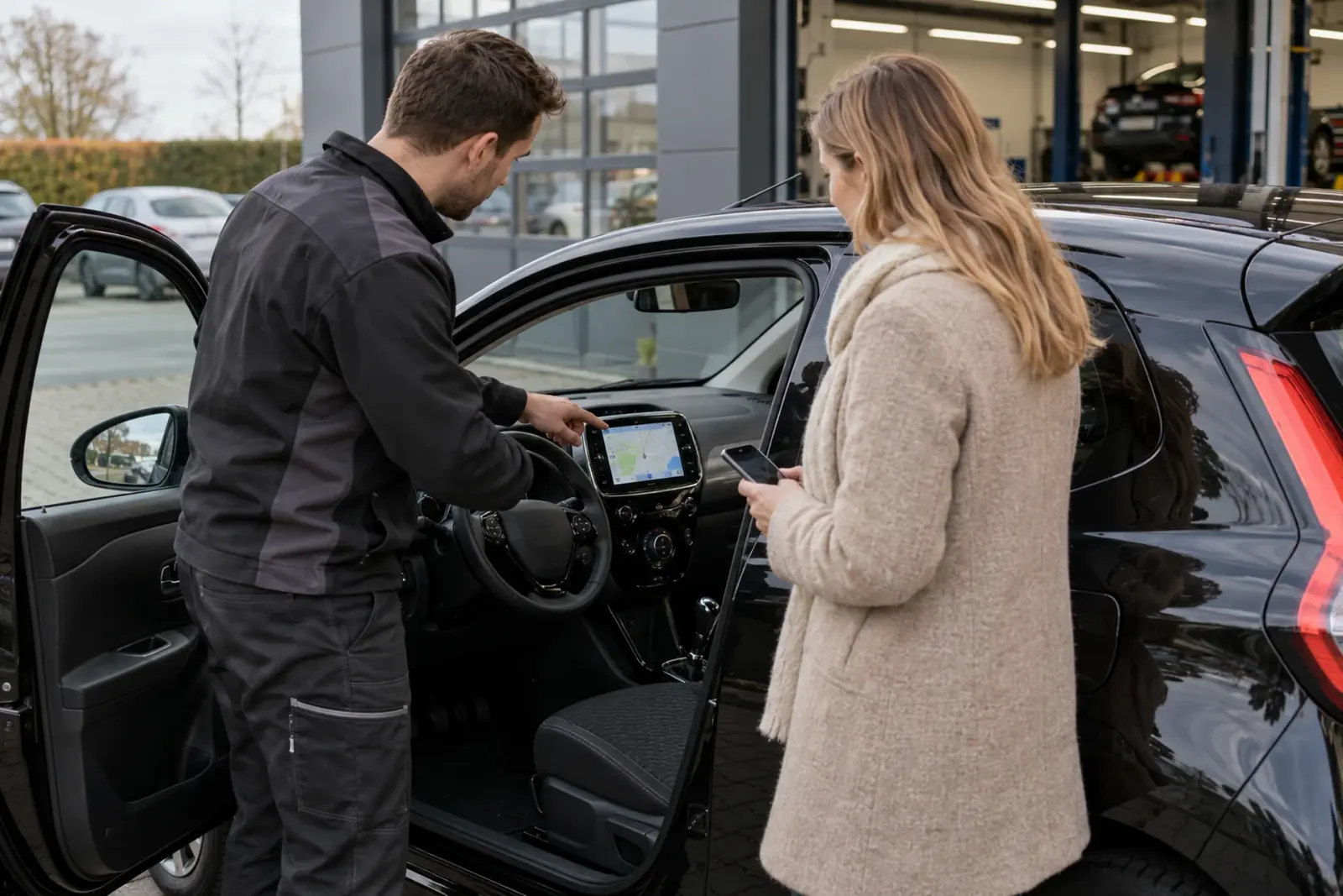 Monteur legt een klant uit Delft de bediening van het nieuwe CarPlay-scherm uit naast de auto bij de werkplaats