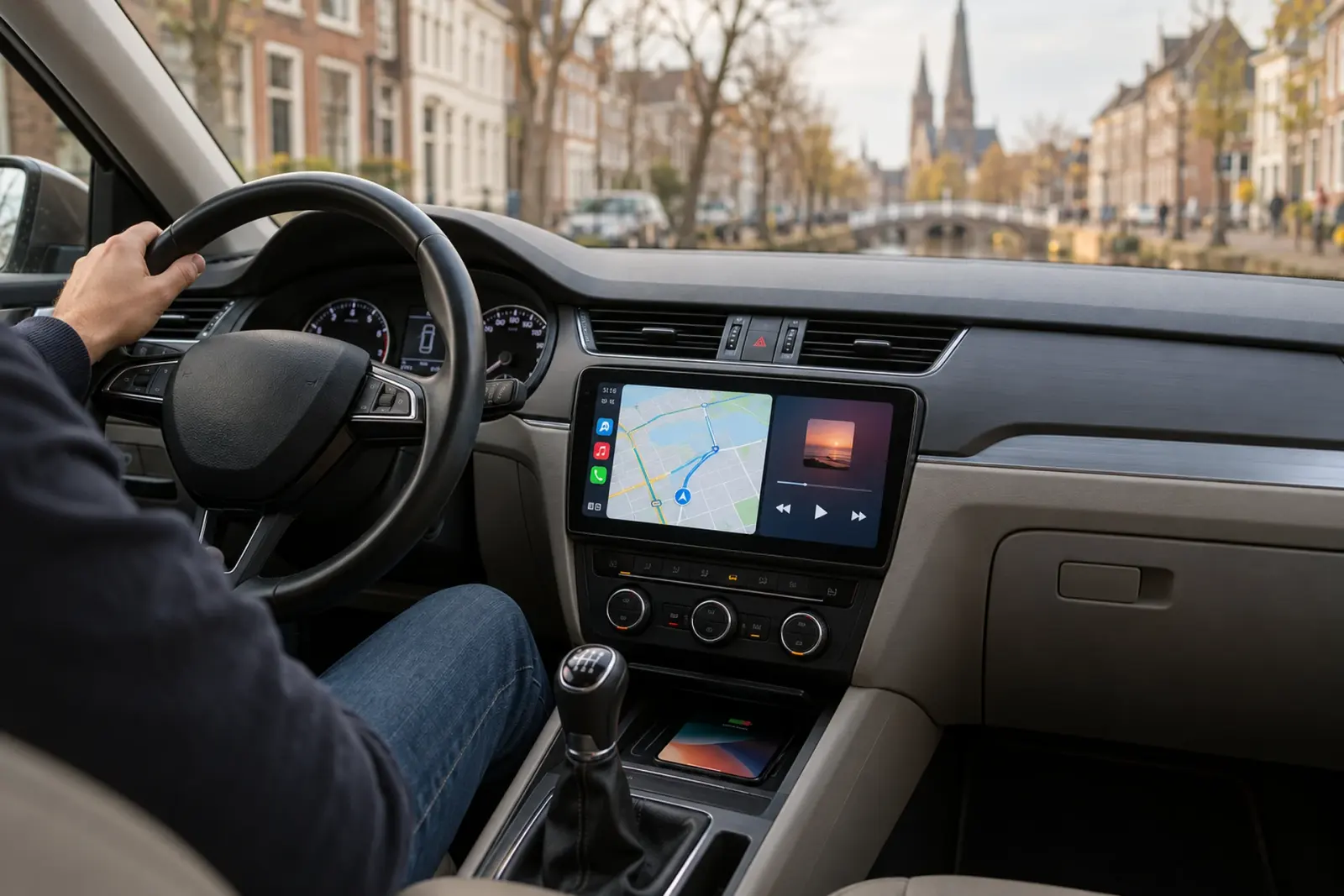 CarPlay bestellen in Delft: navigatie op een ingebouwd scherm, geparkeerd langs een gracht met een kerktoren op de achtergrond