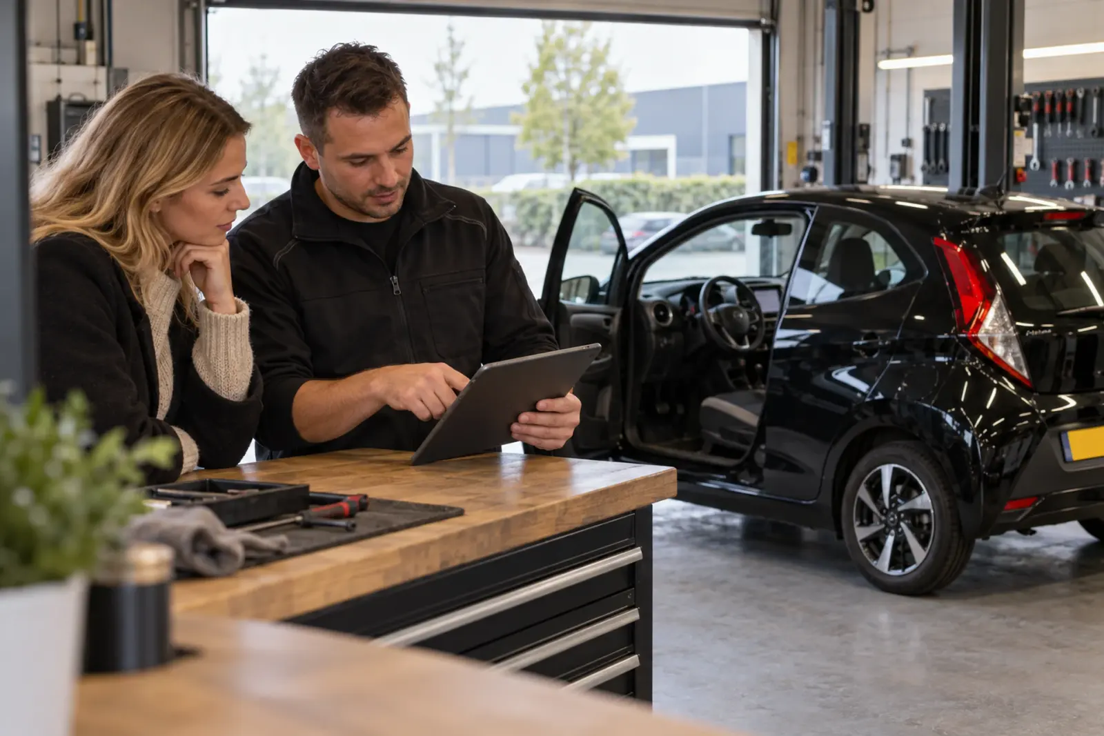 Specialist bespreekt op een tablet de offerte voor CarPlay met een klant uit Delft in de werkplaats