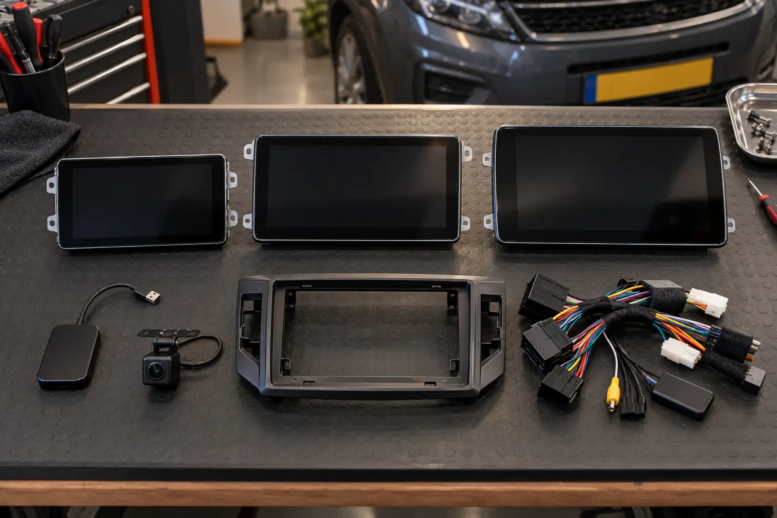 CarPlay prijzen in Delft: drie schermen, een inbouwframe, kabelbomen, een draadloze adapter en een achteruitrijcamera op de werkbank