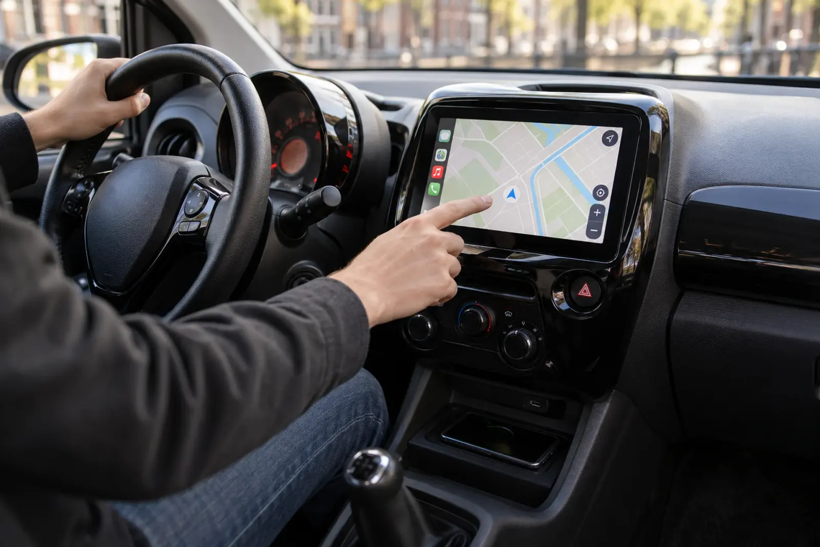 Bestuurder uit Delft bedient de kaartweergave op een nieuw CarPlay-scherm in een compacte auto
