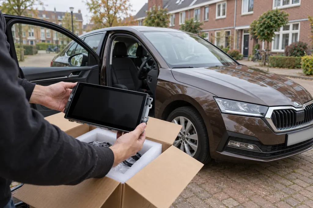 Nieuw CarPlay-scherm wordt uit de doos gehaald naast een auto in een woonstraat in Delft