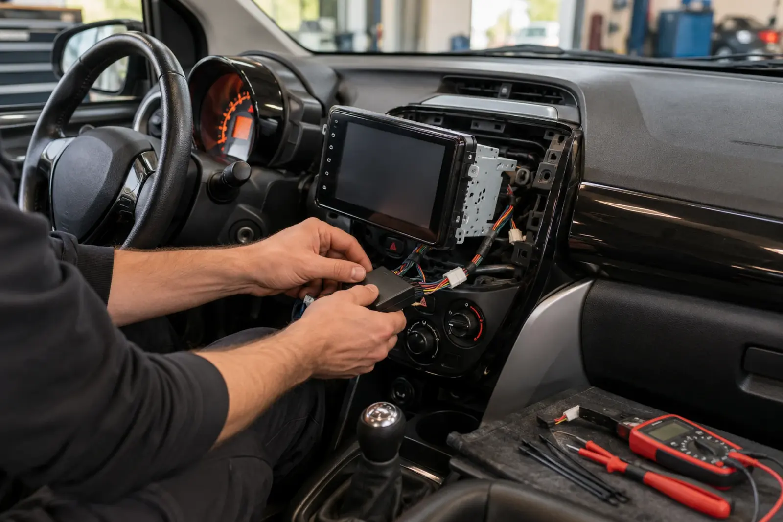 Monteur sluit de bekabeling achter het dashboard aan bij het inbouwen van een CarPlay-scherm voor een klant uit Delft