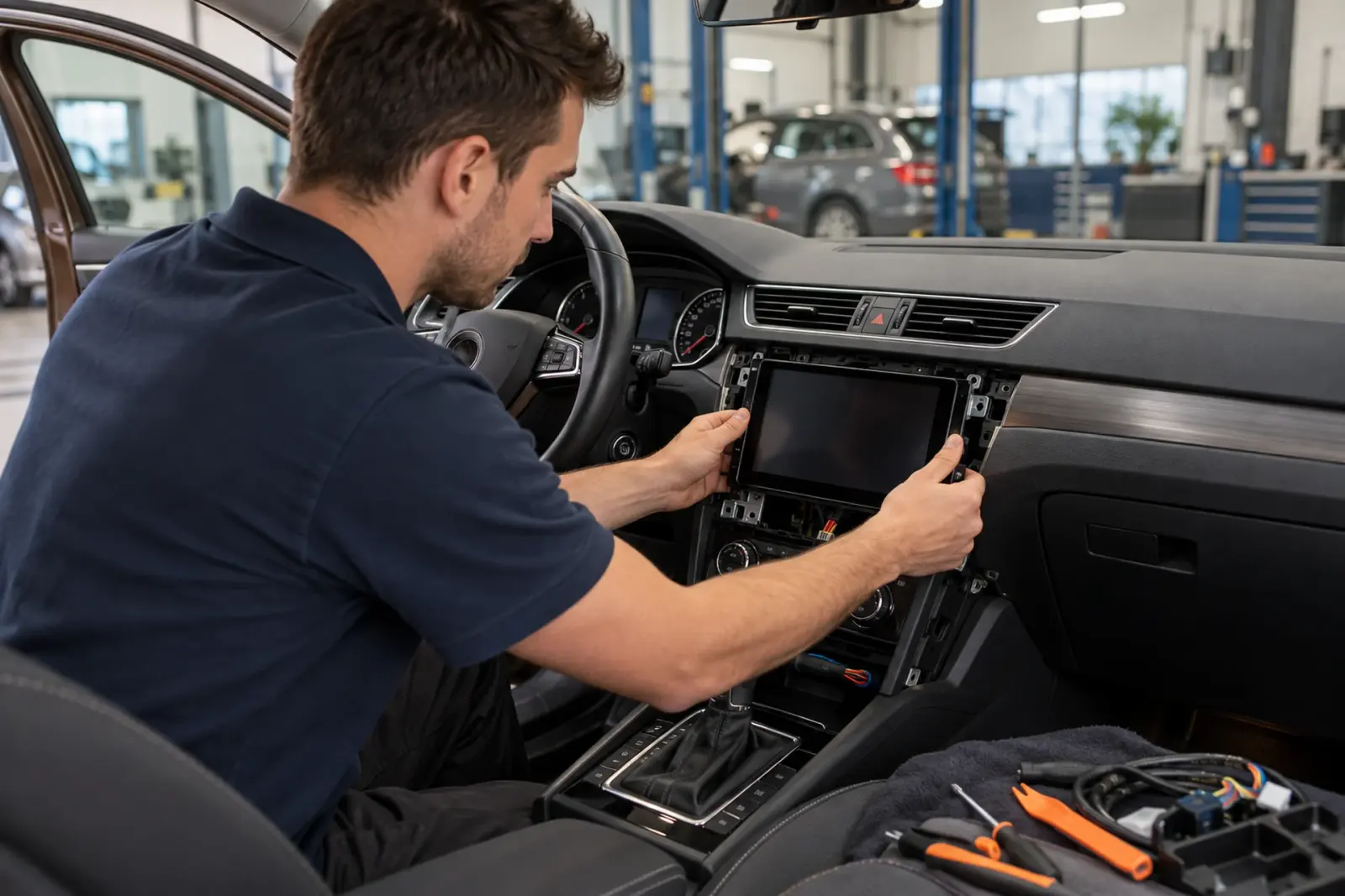 CarPlay scherm inbouwen in Delft: monteur plaatst het touchscreen in het dashboard in de werkplaats van de inbouwpartner